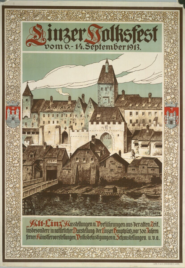 Alter Plakatentwurf für ein deutsches Festival, der eine Burg umgeben von Häusern zeigt.
