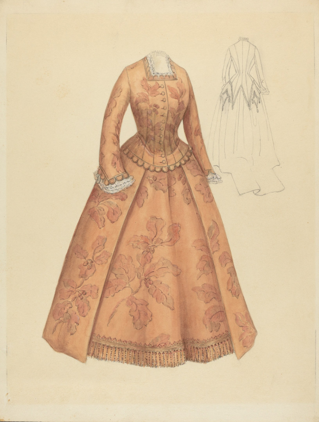 Ein detailliertes Kostümdesign aus dem 18. Jahrhundert mit einem bodenlangen Kleid mit hohem Kragen, floral gemustertem Oberteil in Rosa, Lila und Blau sowie einer Spitzenbesetzten Röcke.