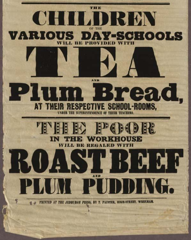 Ein Blatt mit Text, der ankündigt, dass Kinder aus verschiedenen Tagesschulen Tee, Pflaumenbrot, Rinderbraten und Pflaumenpudding erhalten werden.