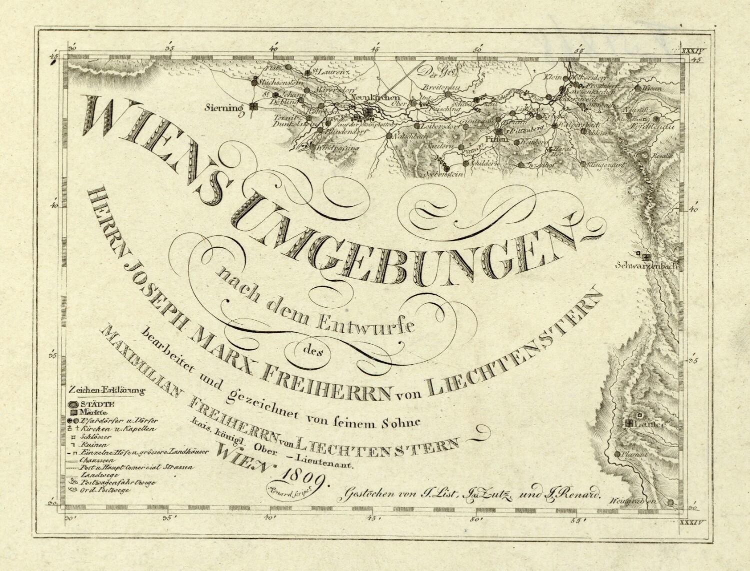 Ausführliche alte Karte von Wien, Deutschland, zeigt geografische Merkmale, Städte, Ortschaften, Straßen, Sehenswürdigkeiten und Text mit zusätzlichen Informationen wie Bevölkerung.