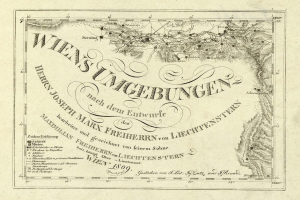 Ausführliche alte Karte von Wien, Deutschland, zeigt geografische Merkmale, Städte, Ortschaften, Straßen, Sehenswürdigkeiten und Text mit zusätzlichen Informationen wie Bevölkerung.