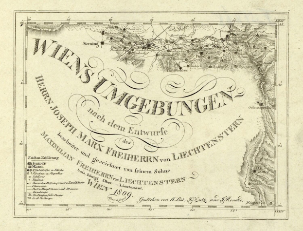 Ausführliche alte Karte von Wien, Deutschland, zeigt geografische Merkmale, Städte, Ortschaften, Straßen, Sehenswürdigkeiten und Text mit zusätzlichen Informationen wie Bevölkerung.