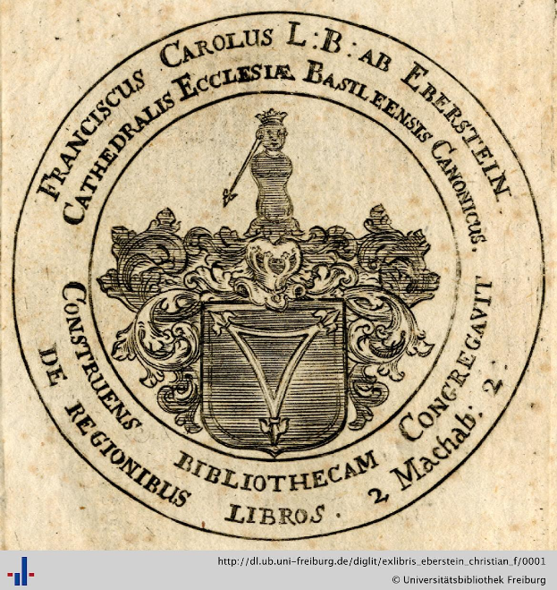 Ein Buchumschlag mit einem Wappen, das einen Schild mit einer Krone darauf zeigt, umgeben von einem Lorbeerkranz und einem Banner mit der Aufschrift "Bibliothek", und das Wort "Bibliotheken" darunter.