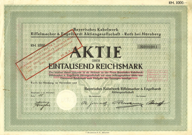 Altes deutsches Aktienzertifikat mit rotem Stempel und Text.