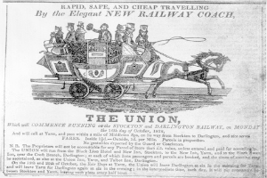 Schwarz-weiß-Anzeige in einer Zeitung für den Gewerkschaftsverband, die eine Kutsche mit einer Gruppe von Menschen zeigt, mit Text, der das Ereignis beschreibt.