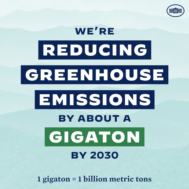 Plakat mit Text und Logo, das "Wir reduzieren die Treibhausgasemissionen um etwa eine Gigatonne bis 2030" fordert, um die Reduzierung der Treibhausgase bis 2030 zu unterstützen.