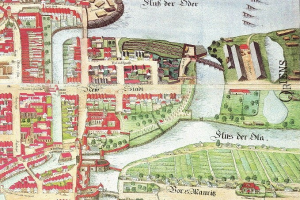 Alte detaillierte Karte von Stuttgart, Deutschland, zeigt Straßen, Gebäude, Bäume, Gras, Wasser und Text mit Stadtinformationen.