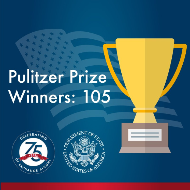 Plakat mit der überschrift "Pulitzer-Preis-Gewinner 105" mit einem zentralen Pokalsymbol umgeben von Text und Logos.