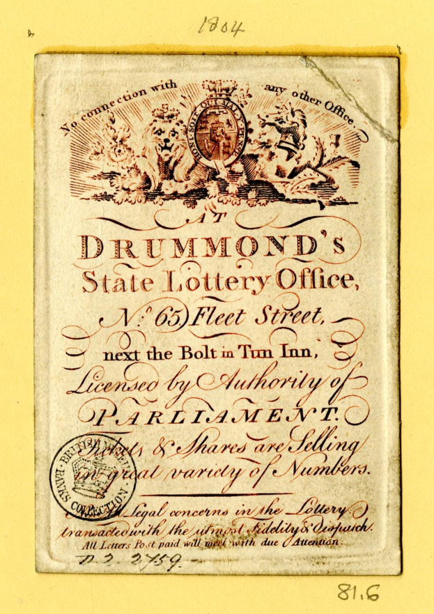 Ein gelbliches Buch mit einem Stempel und der Aufschrift "Drummond's State Lottery Office" auf den Seiten.