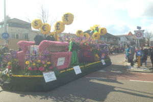 Ein Paradewagen, der mit Blumen und Pflanzen geschmückt ist und von Menschen begleitet wird, umgeben von Zuschauern, Schildern, Gebäuden, Bäumen und einem klaren blauen Himmel.