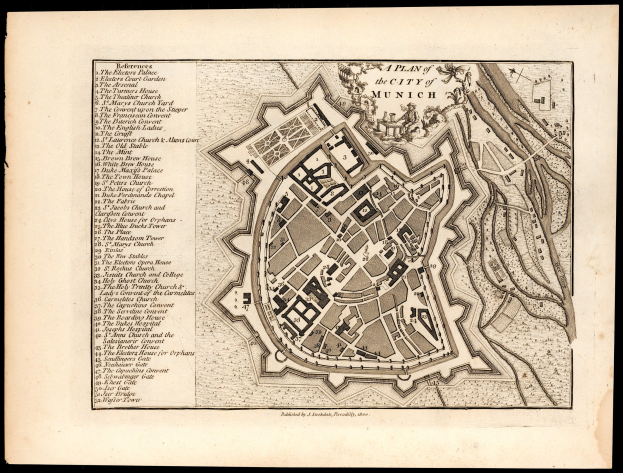 Ein altes Stadtplan von München, Deutschland, auf einem schwarzen Hintergrund, der Straßen, Gebäude und Sehenswürdigkeiten mit beschriftetem Text zeigt.