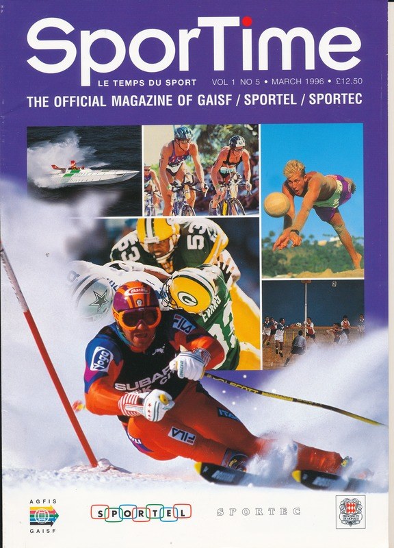 Titelbild von *Sporttime Magazine* (März 1996) mit Skifahren und Snowboarden