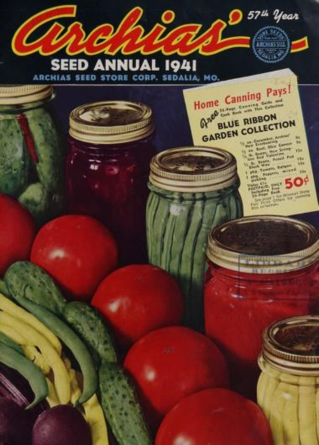 Ein Buch mit dem Titel "Archias Saatgut-Jahrbuch 1941" mit einem Cover, das Tomaten, Gurken, Paprika und Gläser mit verschiedenen Gemüsen zeigt, alles in einer fetten Schrift.