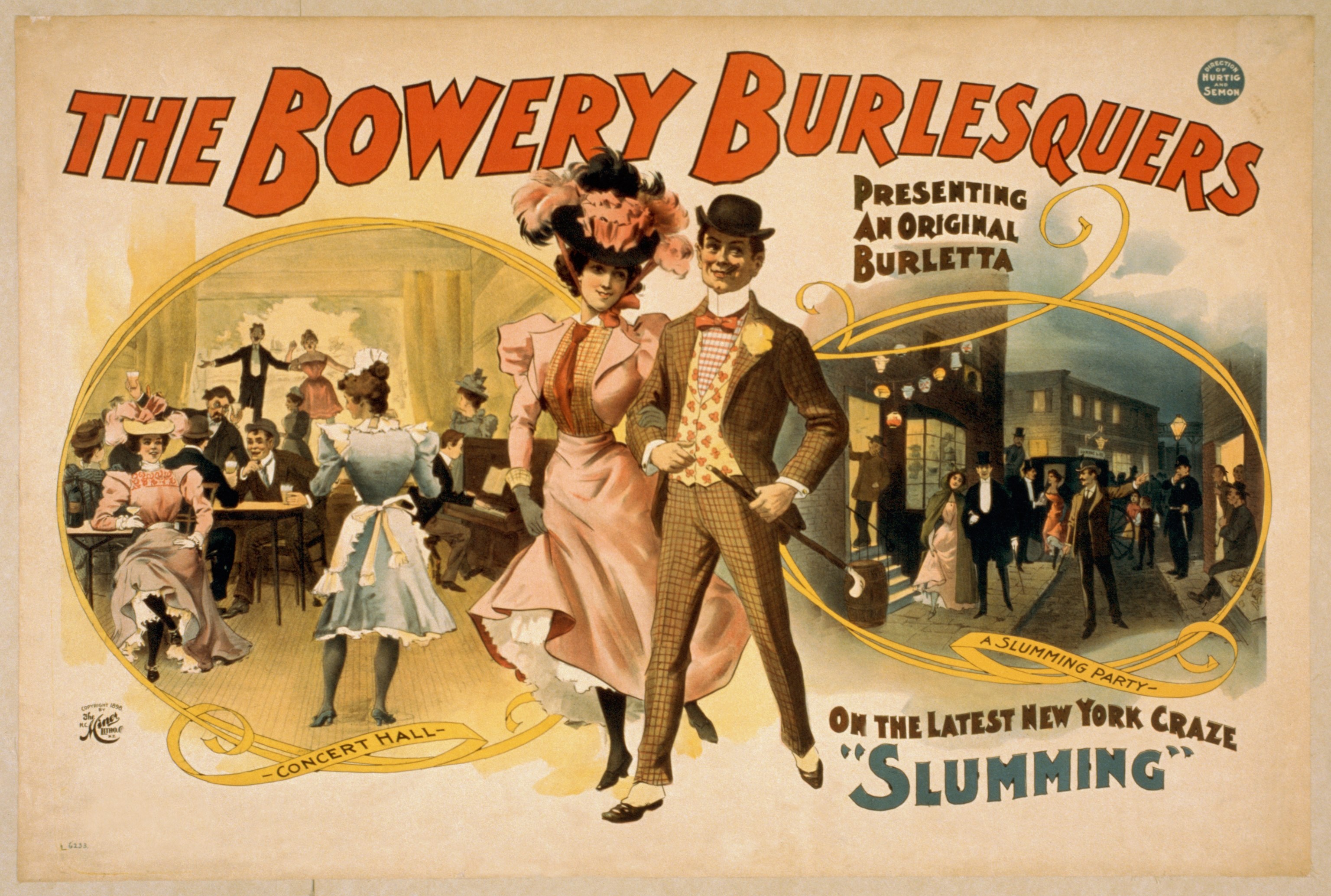 Plakat für "The Bowery Burlesquers" mit einer Gruppe tanzender Menschen vor Gebäuden, mit Textbeschreibung des Events.