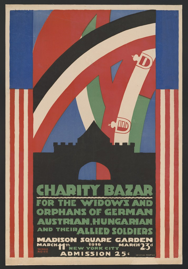 Plakat für einen Charity-Bazar zugunsten der Witwen und Waisen deutscher, australischer, ungarischer und alliierter Soldaten mit Veranstaltungseinzelheiten im Text.