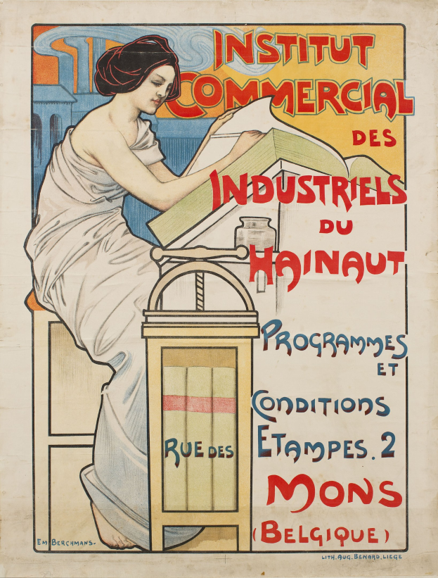 Plakat für das Institut Commercial des Industriels du Hainaut, das eine sitzende Frau an einem Tisch mit einem Buch zeigt, mit Text, der Institutsdetails enthält.