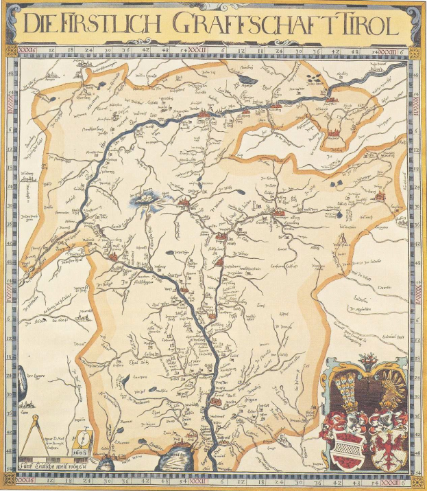 Ein detailliertes historisches Poster der ersten Grafschaft Tirol-Karte, das geografische Merkmale wie Flüsse, Berge und Städte zeigt und von erklärendem Text begleitet wird.