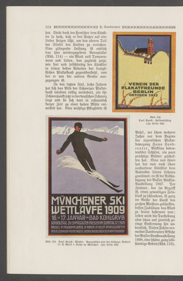 Werbung für das "Münchenner Ski Wettläve 1909"-Skigebiet, das einen Skifahrer in einem Neoprenanzug und Helm zeigt, der eine schneebedeckte Piste unter einem klaren blauen Himmel hinunterfährt.