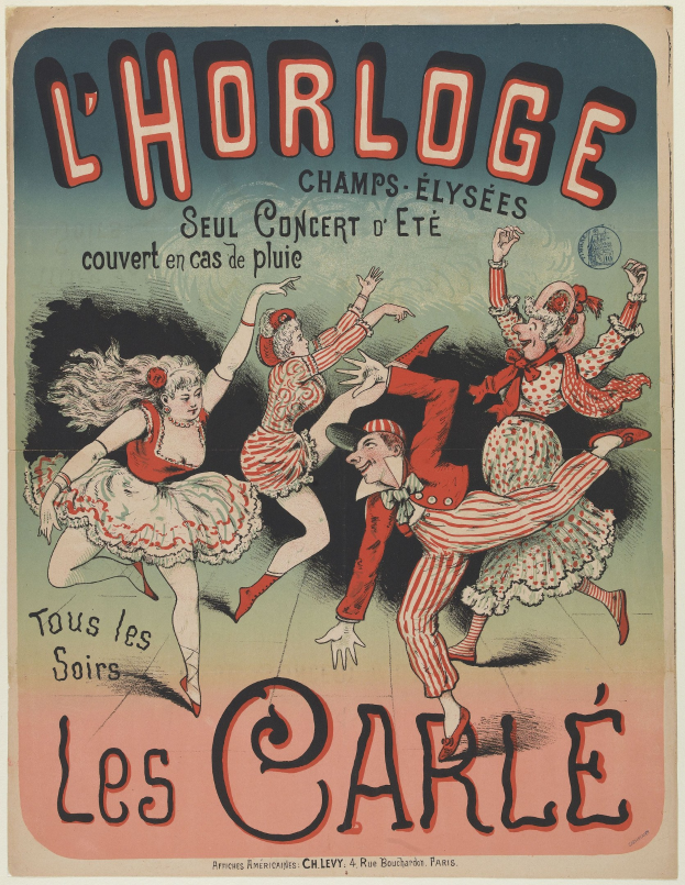 Ein farbenfrohes Konzertplakat für ein Event im Chorlage in Paris, Frankreich, mit einer fröhlichen Gruppe von Menschen in bunten Kostümen, die auf einem hellgelben Hintergrund tanzen.