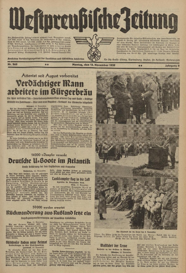 Titelseite der deutschen Zeitung "Weitpreubliche Zeitung" vom 13. November 1939 mit einer Gruppe von Menschen in traditioneller deutscher Kleidung beim Feiern.