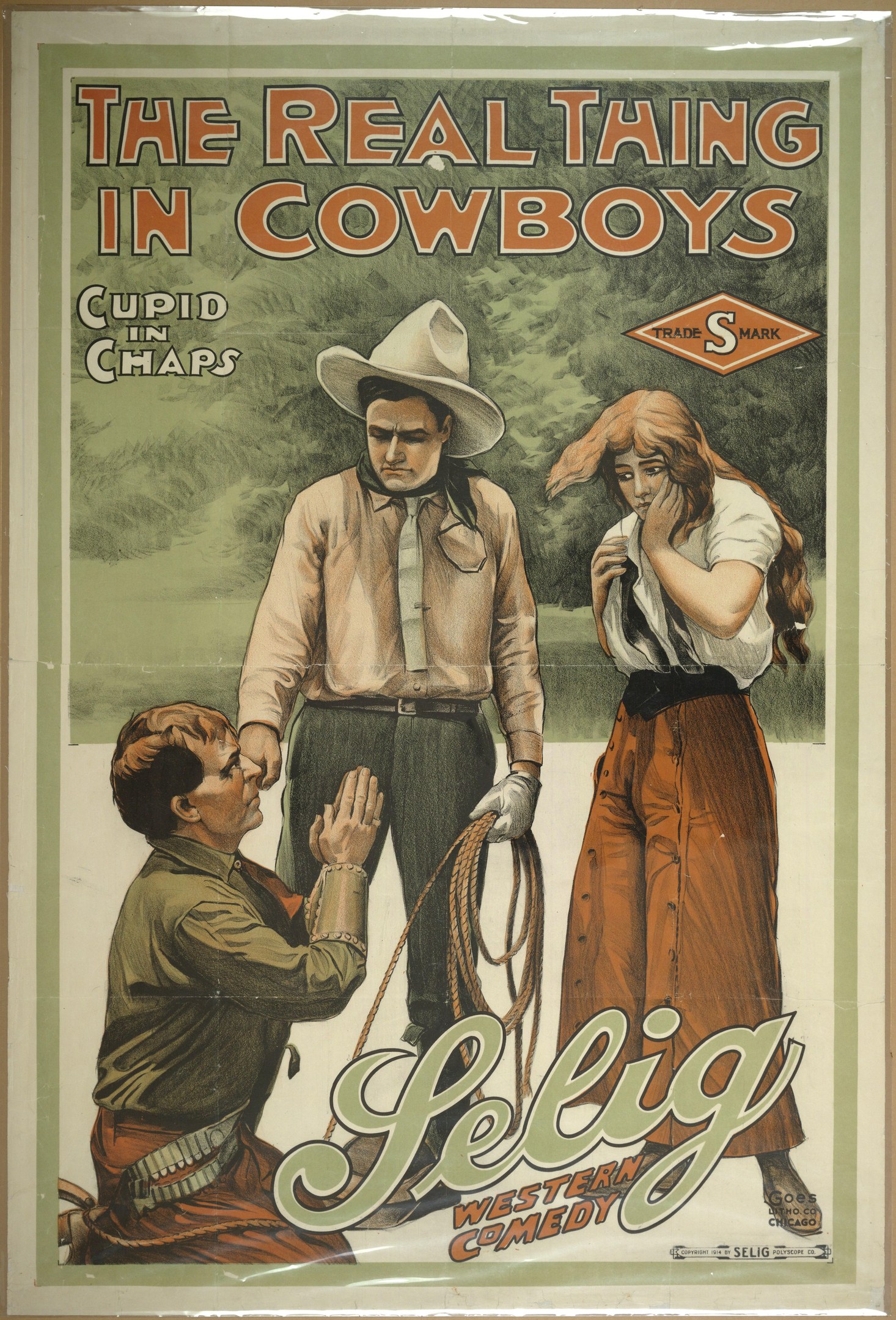 Plakat an einer Wand mit drei Personen – zwei Männer mit Cowboyhüten und eine Frau in einem langen Kleid – mit der Schrift "Das echte Ding bei Cowboys" in fetter schwarzer Schrift auf einem hellgelben Hintergrund.
