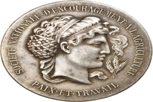 Silberne Medaille mit einer Frauengestalt in Relief, beschriftet mit 'Societe Nationale d'Encouragement à l'Agriculture' auf einem weißen Hintergrund.