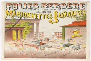 Ein Plakat für eine Tanzshow in Paris, das eine Gruppe von Menschen zeigt, die tanzen, vor einem Gebäude, Bäumen und Himmel, mit Text auf dem Plakat.