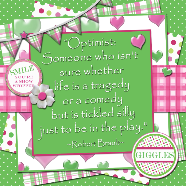 Poster with a quote by Robert Brault about optimism, framed by decorative flags and a flower.