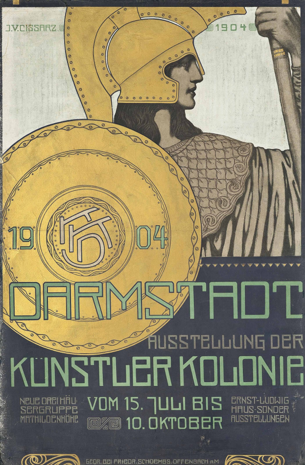 Plakat für ein 1904er Konzert in Berlin mit einem Helmträger, der ein Schild hält, mit fetter Schrift «Darmstadt» und «Künstler Kolonie»
