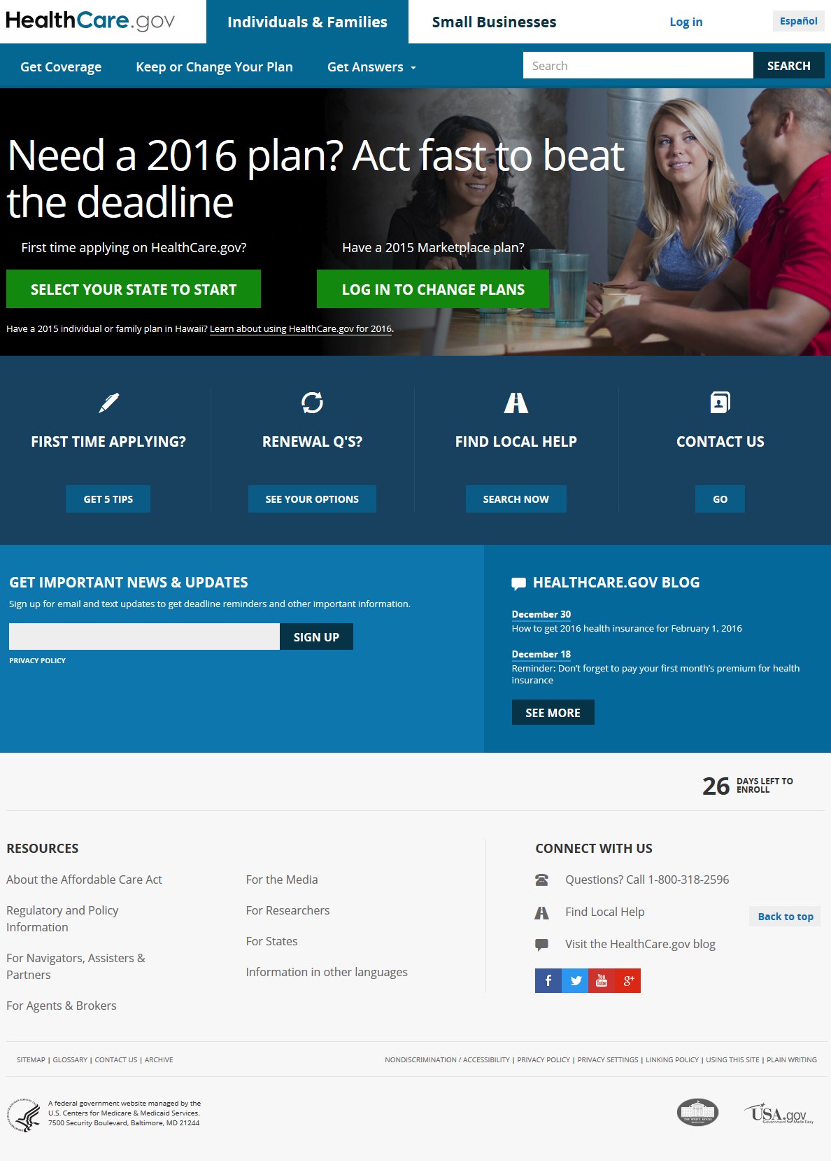Webseite der Health Care Gov zeigt eine Gruppe von Menschen an einem Tisch mit Gläsern und anderen Gegenständen, mit dem Titel und Informationen der Website.