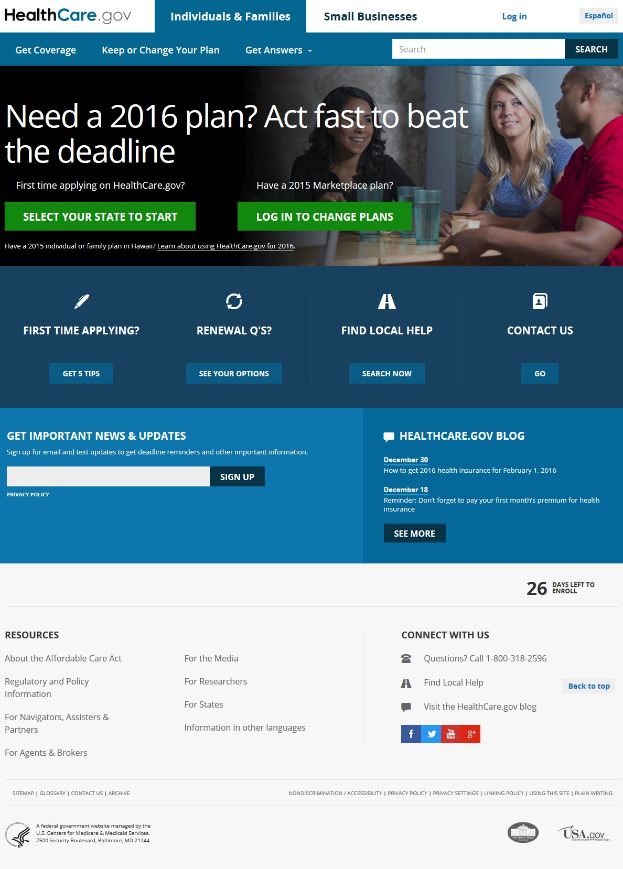 Webseite der Health Care Gov zeigt eine Gruppe von Menschen an einem Tisch mit Gläsern und anderen Gegenständen, mit dem Titel und Informationen der Website.