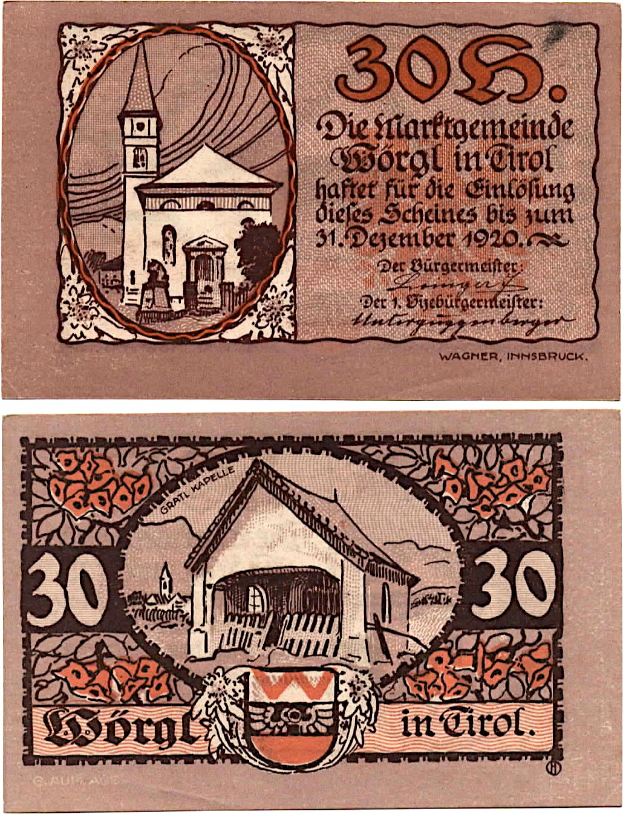 Alte deutsche Banknote aus den 1930er Jahren, Nennwert 30 Pfennig, mit einer Kirchenillustration in der Mitte und umgeben von Text.