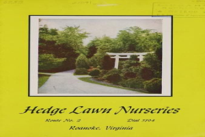 Plakat für den Hedge-Lawn-Nursery in Roanoke, Virginia, mit Abbildung von Bäumen, Pflanzen, einem Weg und Himmel sowie dem Text "Hedge-Lawn-Nurseries Route No. 2" unten.