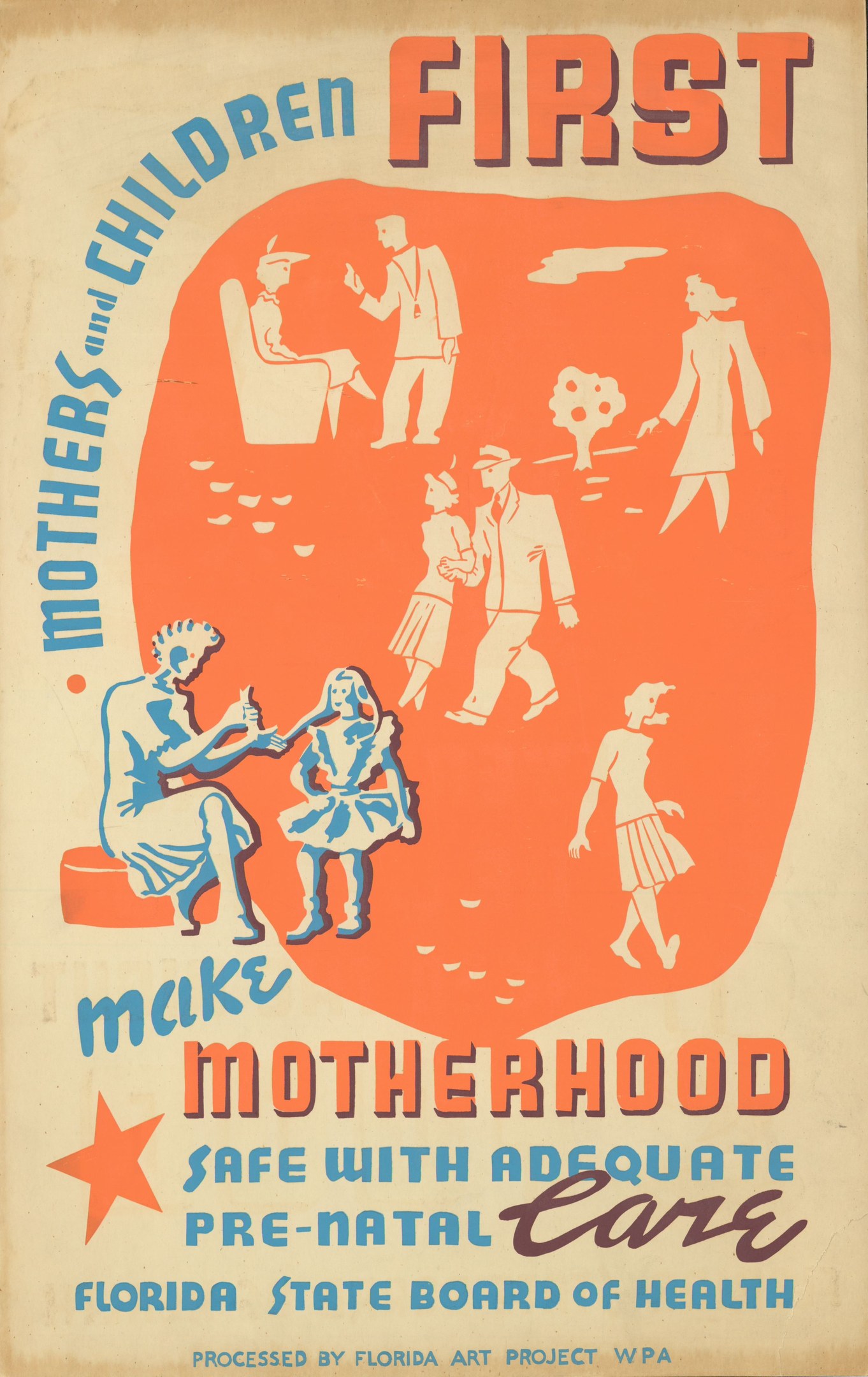 Plakat mit dem Text "Mutterschaft durch ausreichende Vorsorge sicher machen" in weißen Buchstaben auf blauem Hintergrund, das verschiedene lachende Menschen zeigt, die den Betrachter anschauen.