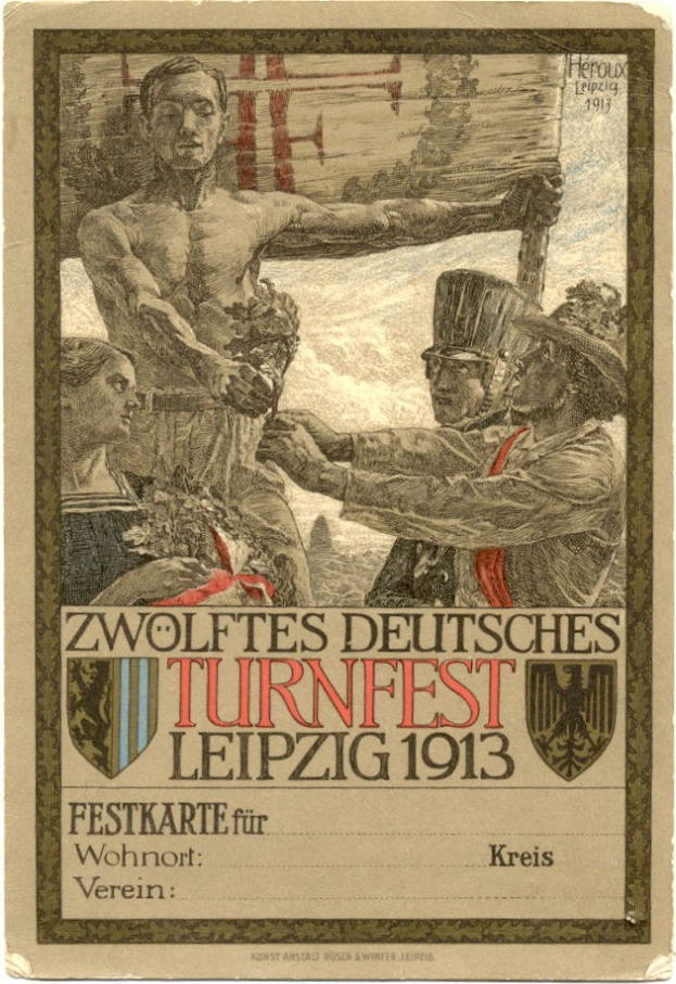 Plakat für das Zwölfte Deutsche Turnfest Leipzig 1913 mit einer zentralen Gruppe von Menschen und Texten mit Veranstaltungshinweisen.