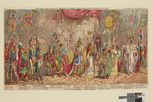 Eine Gruppe von Menschen in bunten Kostümen steht vor einer Bühne mit einem Vorhang, die den Großen Karneval von Napoleon, dem Kaiser von Frankreich, von der Kirche Saint-Denis, Dezember 1785, feiern, mit einigen, die Fahnen und Dekorationen halten.