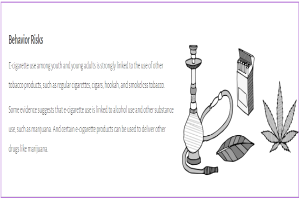 Ein Plakat mit einem Wasserpfeifen, Marihuana-Blättern und einer Zigarette, mit Text, der vor der Verbindung zwischen E-Zigaretten-Gebrauch und anderen Tabakprodukten bei Jugendlichen und jungen Erwachsenen warnt.