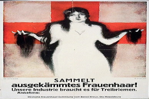 Deutsches Propagandaplakat mit einer Frau mit langen Haaren und Text.