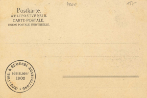 Alte Postkarte mit einem 1902-Datumsstempel, die den Text "Industrie & Gewerbe Ausstellung" und die Nummer "1000" zeigt.