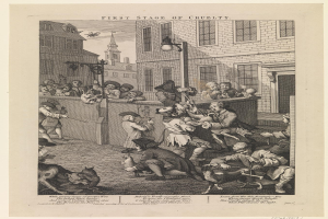 Gruppe von Menschen und Tieren versammelt um ein Gebäude mit Fenstern, einem Lichtmast und einem Himmel im Hintergrund, mit dem Text "Erste Stufe der Grausamkeit" unten.