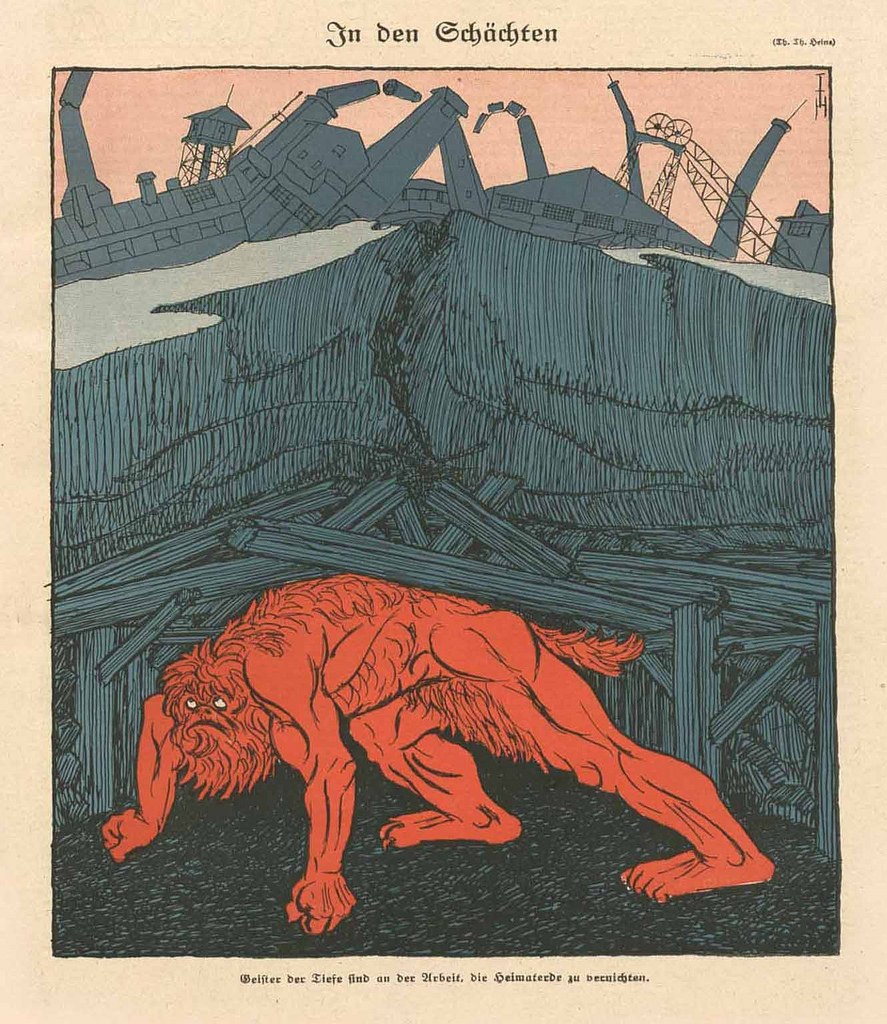Illustration eines bedrohlichen Werwolfs in Kampfstellung vor einem rauchenden Fabrikgelände unter einem tiefblauen Himmel, mit einem Plakat im Hintergrund, das den Werwolf und fetten Text zeigt.