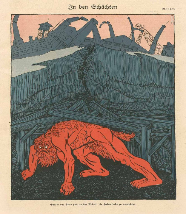 Illustration eines bedrohlichen Werwolfs in Kampfstellung vor einem rauchenden Fabrikgelände unter einem tiefblauen Himmel, mit einem Plakat im Hintergrund, das den Werwolf und fetten Text zeigt.