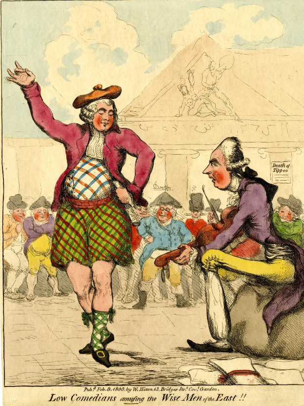 Cartoon eines Mannes in einem Kilt und einer Frau in einem Kleid, die vor einem Publikum auf der Bühne stehen, mit dem Text 'Niedrige Komiker amüsieren die weisen Männer des Ostens' unten.
