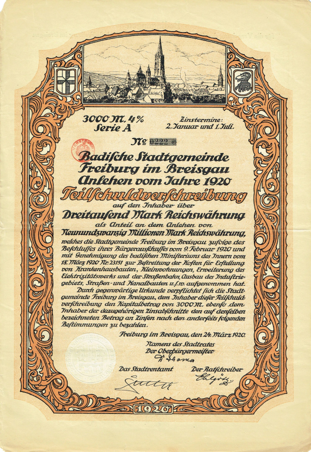 Altes deutsches Aktienzertifikat mit einer Stadtansicht und gedrucktem Text, der den Ursprung der Aktie angibt.