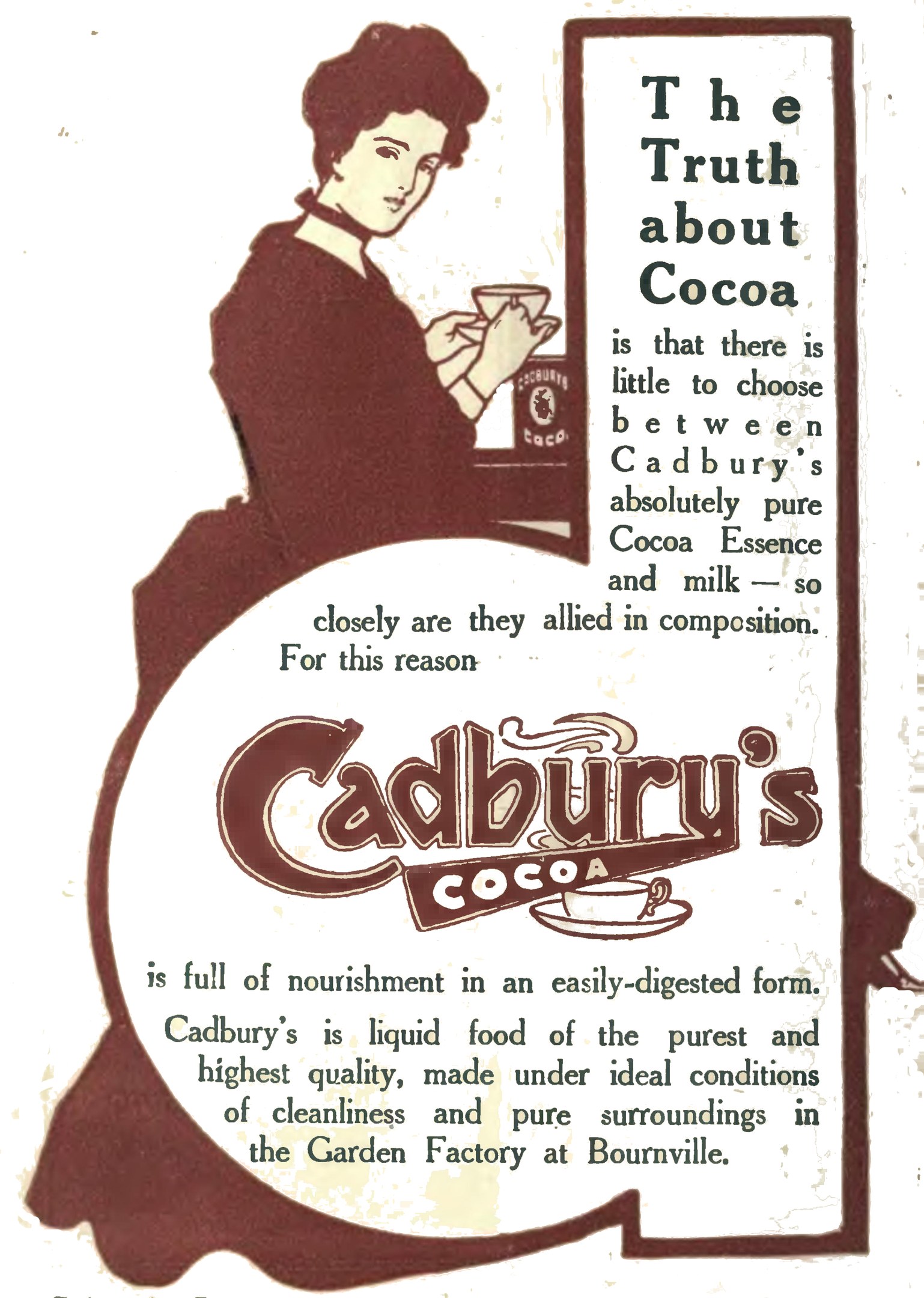 Werbung für Cadbury's Kakao mit einer Frau, die eine Tasse Kakao hält, und Werbetext auf dem Plakat.