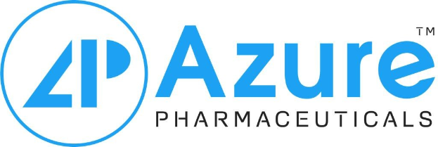 Das Bild zeigt das Azure Pharmaceuticals-Logo auf einem weißen Hintergrund, das den Unternehmensnamen in fetter schwarzer Schrift in einem blauen Kreis mit weißer Umrandung zeigt.