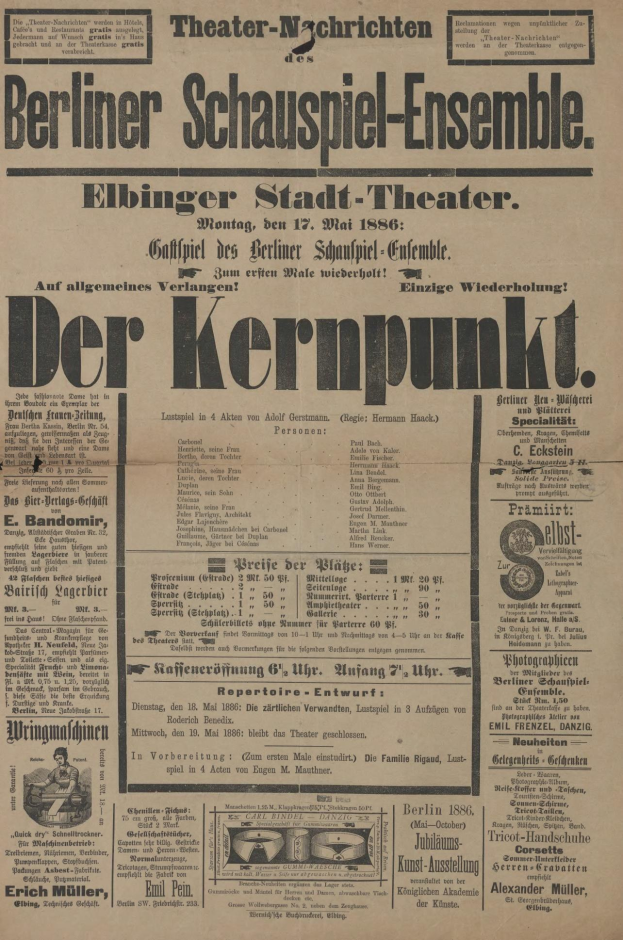 Alte Zeitungsanzeige für das Berliner Schauspiel-Ensemble mit einem Mann im Anzug und Krawatte, mit Text, der das Ereignis beschreibt.