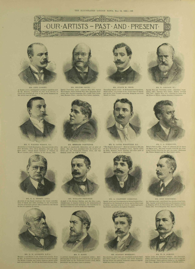Eine Sammlung von illustrierten Porträts verschiedener Männer aus unterschiedlichen Epochen, betitelt mit "Unsere Künstler - Vergangenheit und Gegenwart", in einem alten Buch präsentiert.