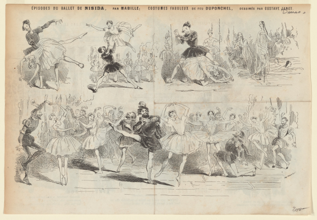 Eine Seite aus einem Buch mit einer lebendigen Zeichnung von tanzenden Menschen, begleitet von Text, der das Datum, die Uhrzeit und den Ort des Ereignisses beschreibt.