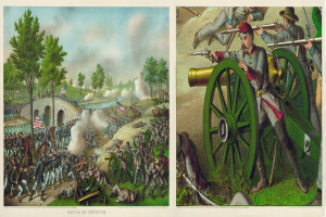 Ein historisches Plakat der Schlacht von Antietam, das Soldaten im Kampf mit Gewehren und gefallenen Kameraden zeigt, vor einer Kulisse aus Bäumen, einer Brücke, Flaggen, Rauch und einem bewölkten Himmel, mit Text am unteren Rand.